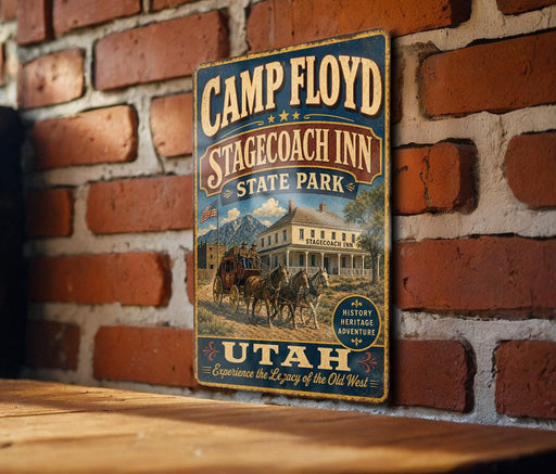 A vintage-style metal sign for the Stagecoach Inn in Stagecoach, Utah, featuring an illustration of a stagecoach and a historic building.