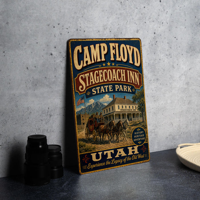 A vintage-style metal sign for Camp Floyd Stagescoach Inn in Utah, featuring an illustration of a stagecoach and a historic building.