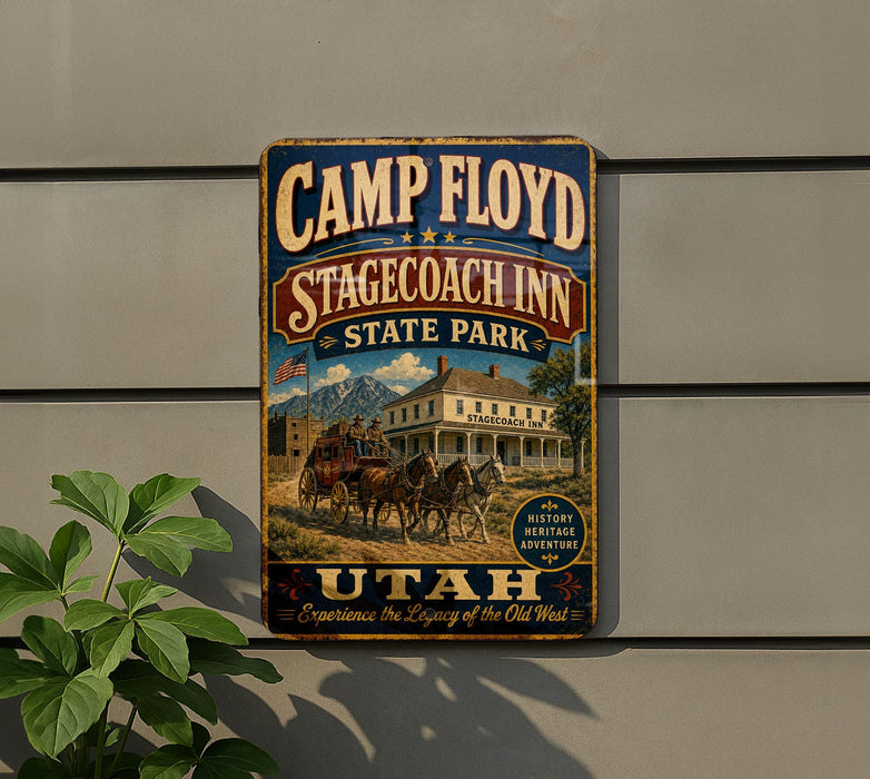 a vintage-style sign for the Camp Floyd Stagecoach Inn in Utah, with a horse-drawn carriage and a scenic mountain backdrop.