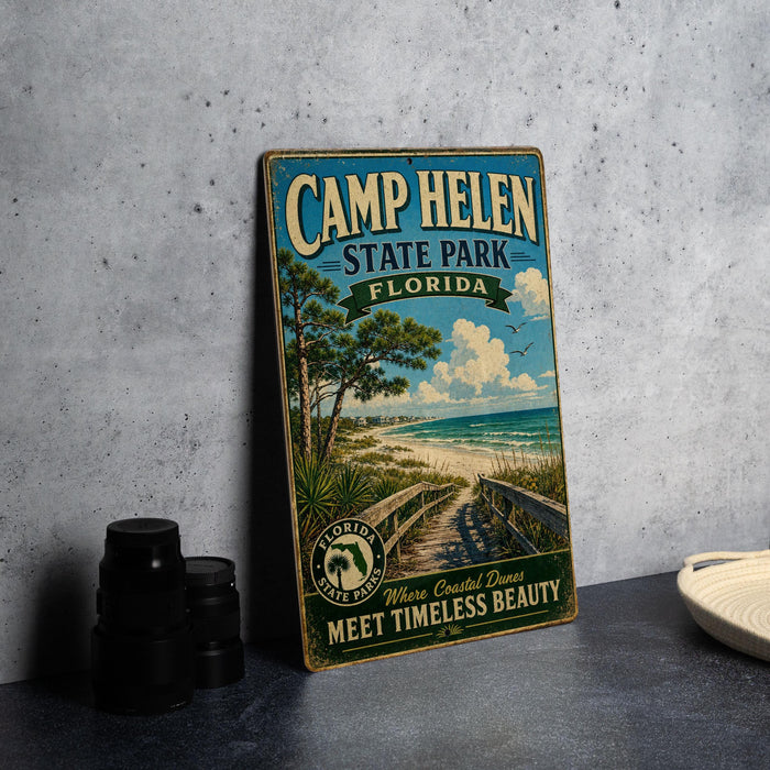 A vintage-style metal sign for Camp Helen State Park, Florida, featuring a beach scene with a wooden walkway leading to the beach.