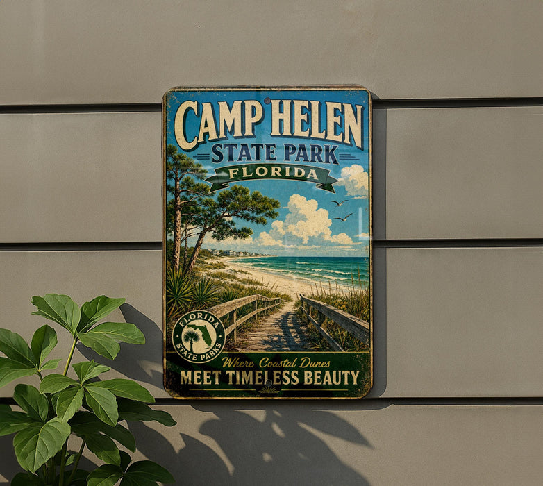 A vintage-style sign for Camp Helen State Park in Florida, featuring a beach scene with palm trees and a wooden walkway leading to the beach.