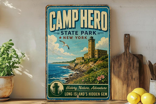 a vintage-style sign for Camp Hero State Park in New York, with a lighthouse and a coastal landscape in the background.
