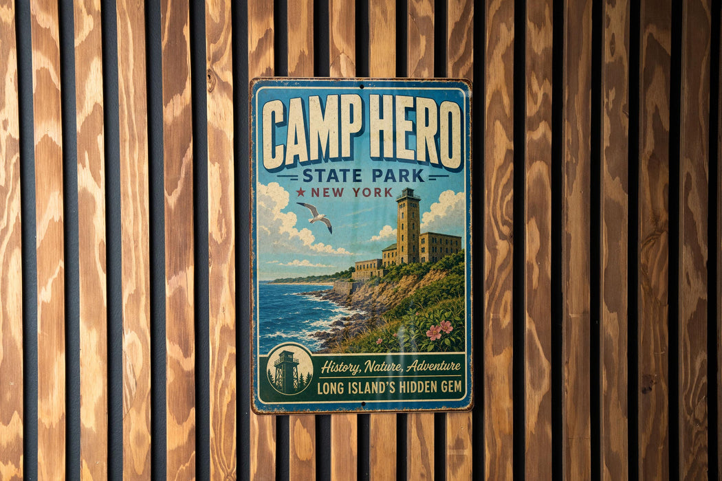 A vintage-style metal sign for Camp Hero State Park in New York, featuring a lighthouse and a coastal landscape.