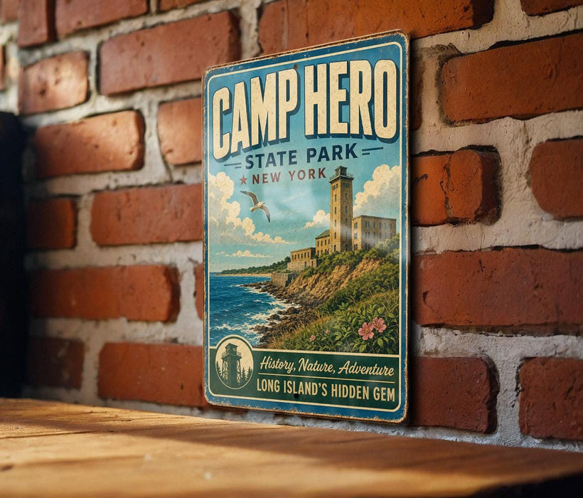 a vintage-style metal sign with the text "CAMP HERO STATE PARK NEW YORK" and a scenic illustration of a coastal landscape with a lighthouse.