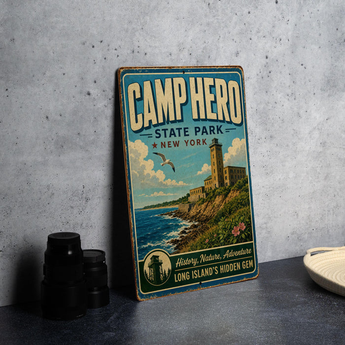 A vintage-style metal sign for Camp Hero State Park in New York, featuring a lighthouse and a seagull, is displayed on a gray countertop next to some black camera lenses.
