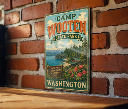 A vintage-style metal sign for Camp Wooten State Park in Washington, featuring a scenic mountain landscape and a cabin surrounded by flowers.