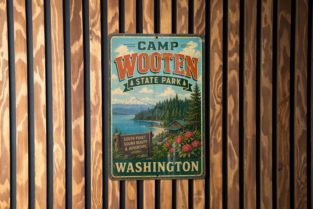 A vintage metal sign for Camp Wooten State Park in Washington, featuring a scenic landscape with a mountain, lake, and forest.