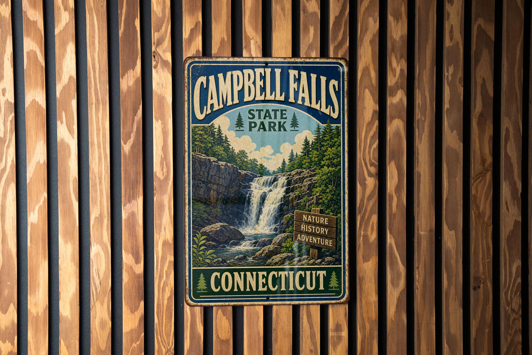 A vintage metal sign for Campbell Falls State Park in Connecticut, featuring a waterfall and forest scenery.