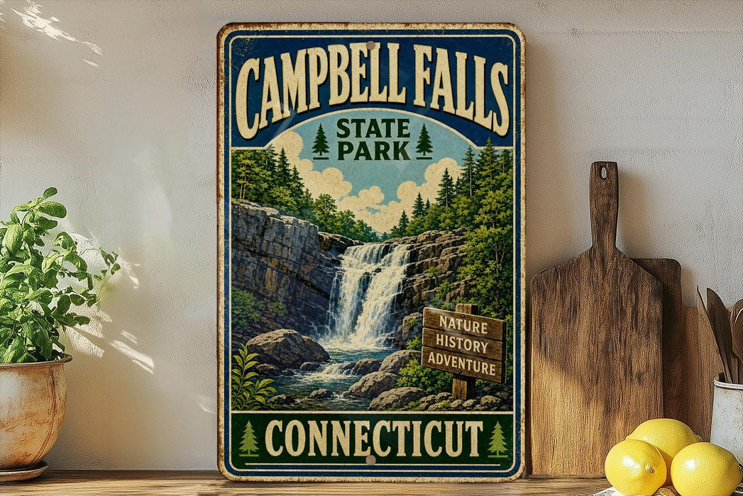 A vintage-style sign for Campbell Falls State Park in Connecticut, featuring a waterfall and lush greenery, is displayed on a wooden shelf next to a potted plant and a cutting board.