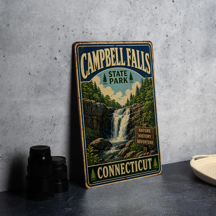A vintage metal sign for Campbell Falls State Park in Connecticut, featuring a waterfall and forest scenery.
