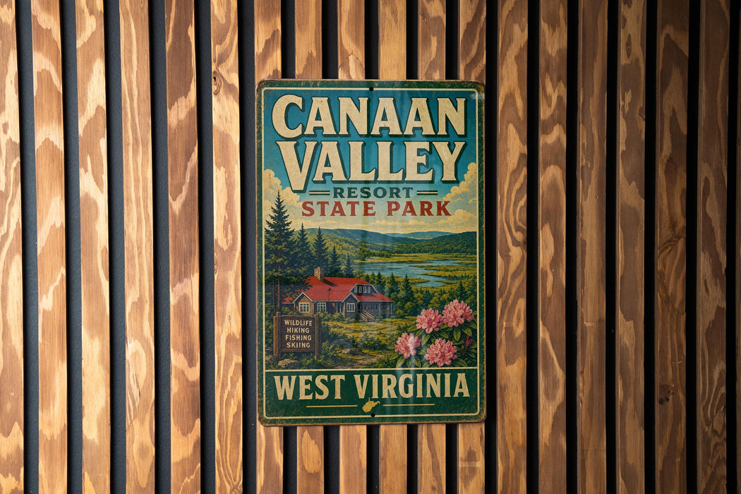 A vintage-style sign for Canaan Valley Resort State Park in West Virginia, featuring a scenic landscape with a cabin and flowers.