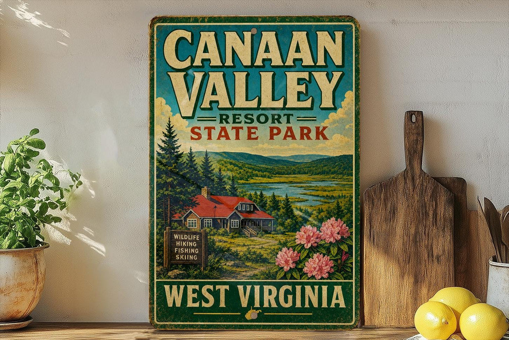 A vintage-style sign for Canaan Valley Resort State Park in West Virginia, featuring a scenic landscape with a cabin and pine trees.