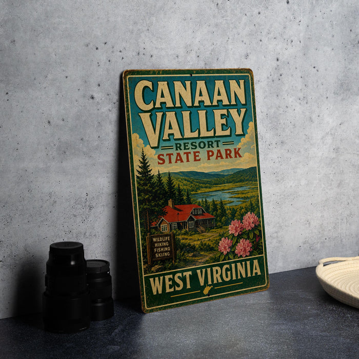 A vintage-style sign for Canaan Valley Resort State Park in West Virginia, featuring a scenic illustration of a cabin surrounded by nature.