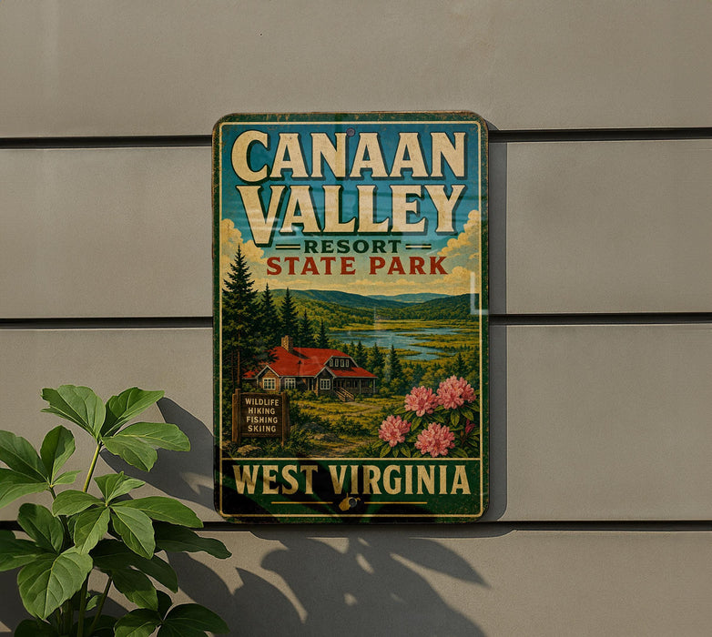 A vintage-style sign for Canaan Valley Resort State Park in West Virginia, featuring a scenic landscape with a cabin and flowers.