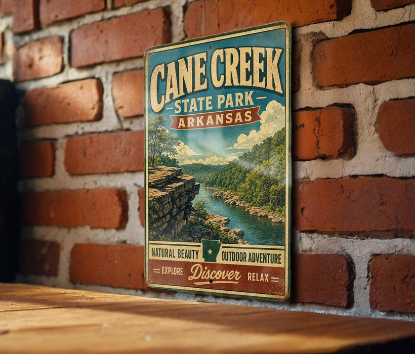 A vintage-style metal sign for Cane Creek State Park in Arkansas, featuring a scenic landscape with a river and lush greenery.