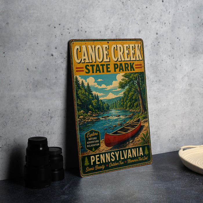 A vintage-style metal sign for Canoe Creek State Park in Pennsylvania, featuring a scenic illustration of a canoe on a river surrounded by trees and mountains.