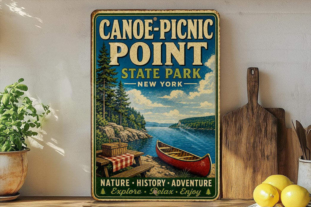 A vintage-style sign for Canoe-Picnic Point State Park in New York, featuring a scenic image of a red canoe on a lake surrounded by pine trees and mountains.