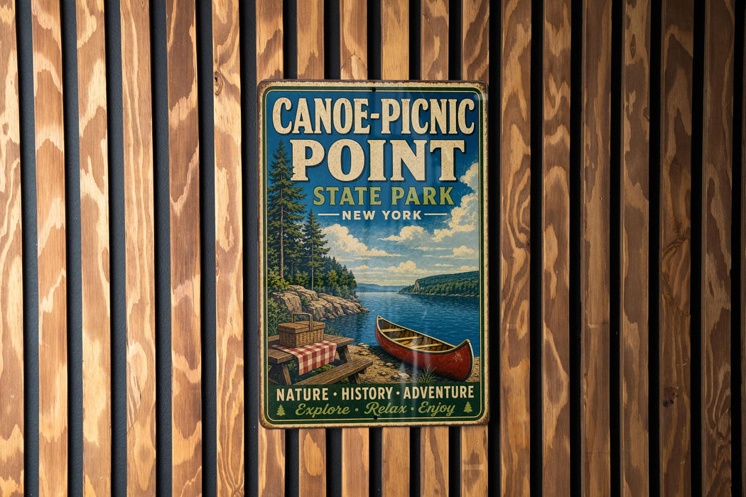 A vintage-style metal sign for Canoe-Picnic Point State Park in New York, featuring a scenic image of a lake, canoe, and picnic area.