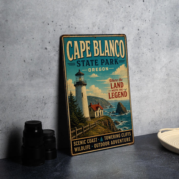 A vintage metal sign for Cape Blanco State Park in Oregon, featuring a lighthouse and coastal scenery.