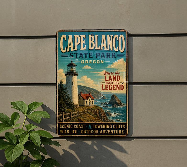 A vintage-style sign for Cape Blanco State Park in Oregon, featuring a lighthouse and coastal scenery.