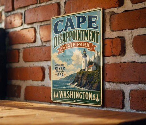 A vintage-style metal sign for Cape Disappointment State Park in Washington, featuring a lighthouse and a coastal landscape.