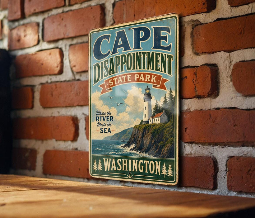 A vintage-style metal sign for Cape Disappointment State Park in Washington, featuring a lighthouse and a coastal landscape.