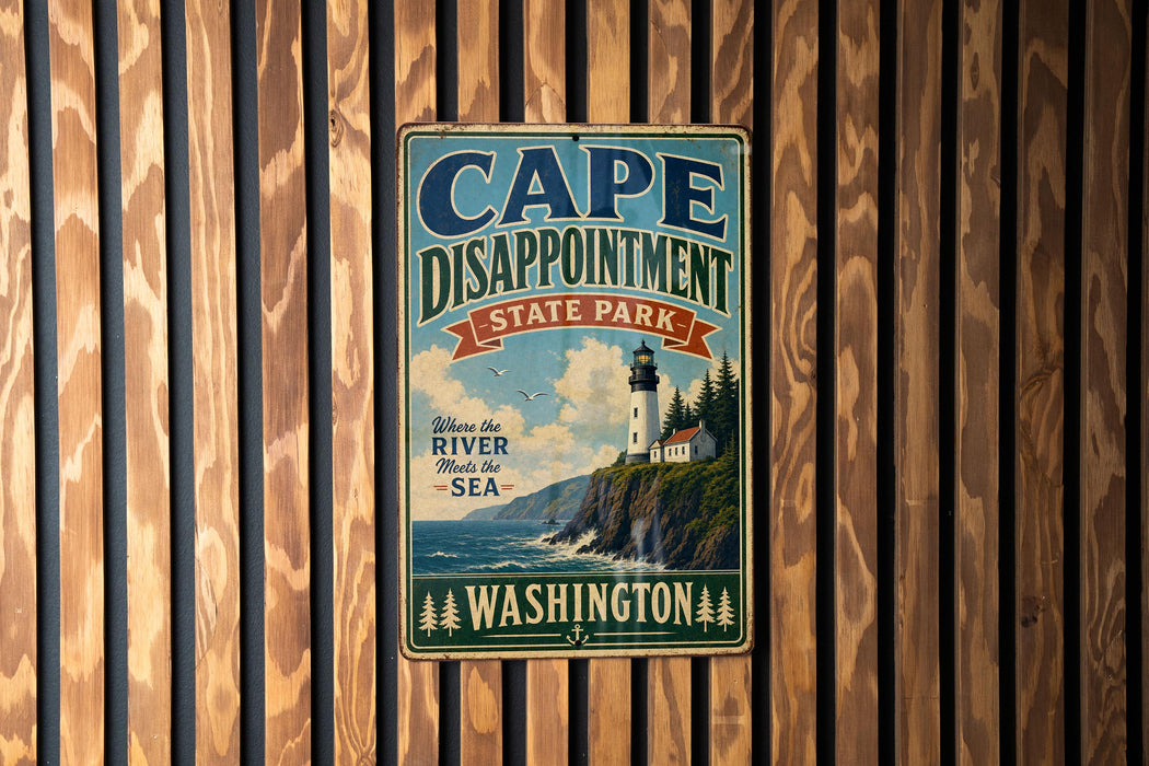 A vintage-style metal sign for Cape Disappointment State Park in Washington, featuring a lighthouse and a coastal landscape.