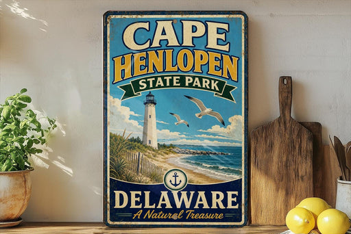 A vintage-style sign for Cape Henlopen State Park in Delaware, featuring a lighthouse and beach scene, is displayed on a shelf next to a wooden cutting board and a potted plant.