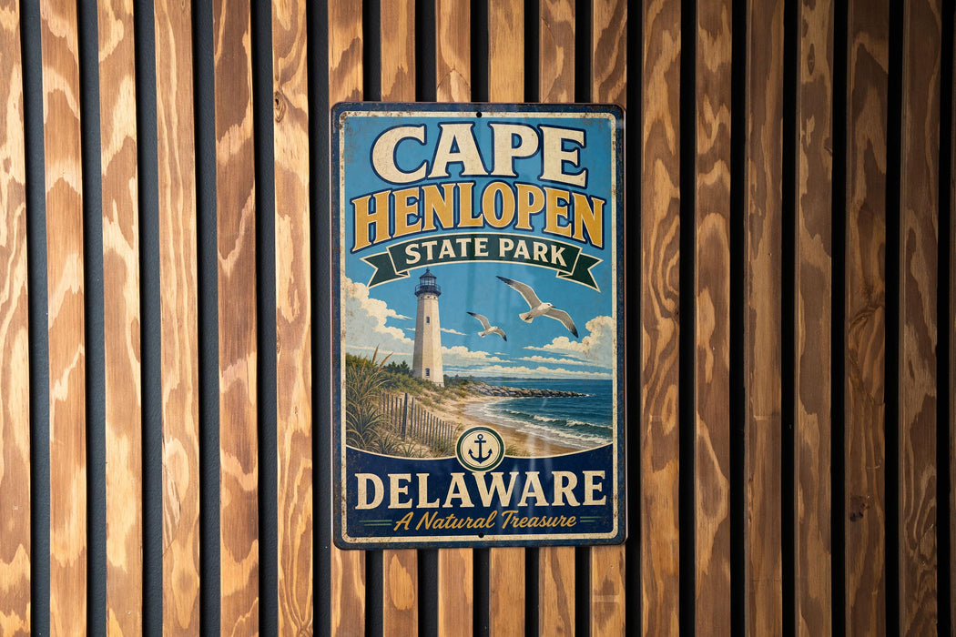 A vintage metal sign for Cape Henlopen State Park in Delaware, featuring a lighthouse and beach scene.