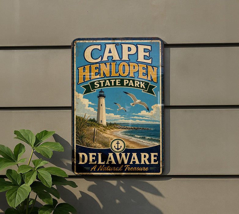 A vintage-style metal sign for Cape Henlopen State Park in Delaware, featuring a lighthouse and beach scene.
