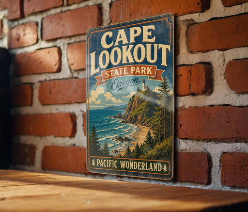 A vintage-style metal sign for Cape Lookout State Park in Oregon, featuring a scenic coastal landscape with mountains, trees, and a lighthouse.