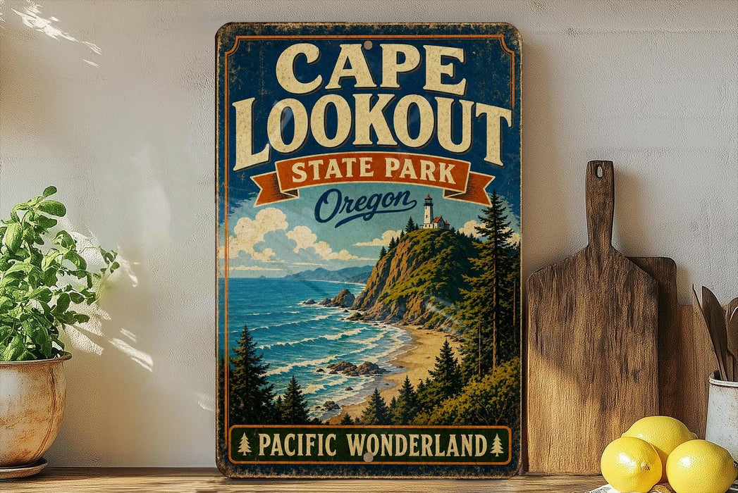A vintage-style sign for Cape Lookout State Park in Oregon, featuring a scenic coastal landscape with a lighthouse and mountains in the background.