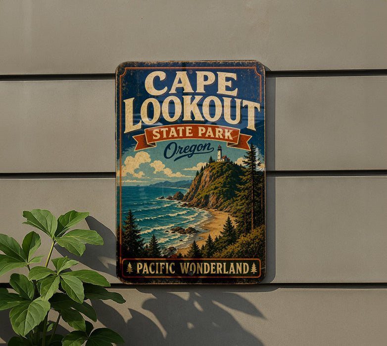 A vintage-style metal sign for Cape Lookout State Park in Oregon, featuring a scenic coastal landscape with a lighthouse and mountains in the background.