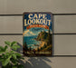 A vintage-style metal sign for Cape Lookout State Park in Oregon, featuring a scenic coastal landscape with a lighthouse and mountains in the background.