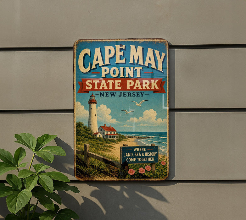 A vintage-style metal sign for Cape May Point State Park in New Jersey, featuring a lighthouse and beach scene.