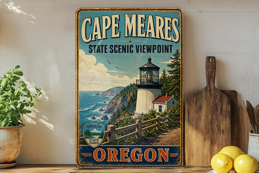 A vintage-style metal sign for Cape Meares State Scenic Viewpoint in Oregon, featuring a lighthouse and a coastal landscape.