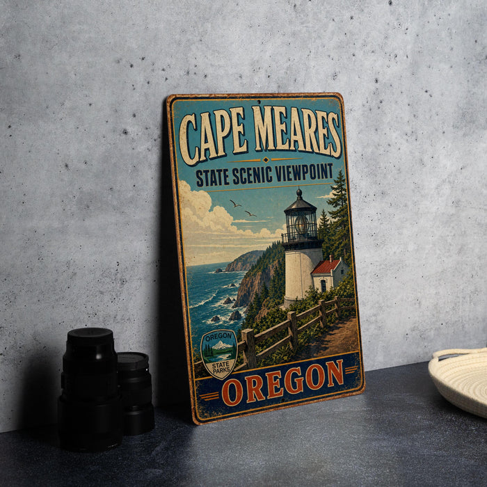 A vintage-style metal sign for Cape Meares State Scenic Viewpoint in Oregon, featuring a lighthouse and coastal landscape.