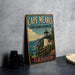 A vintage-style metal sign for Cape Meares State Scenic Viewpoint in Oregon, featuring a lighthouse and coastal landscape.