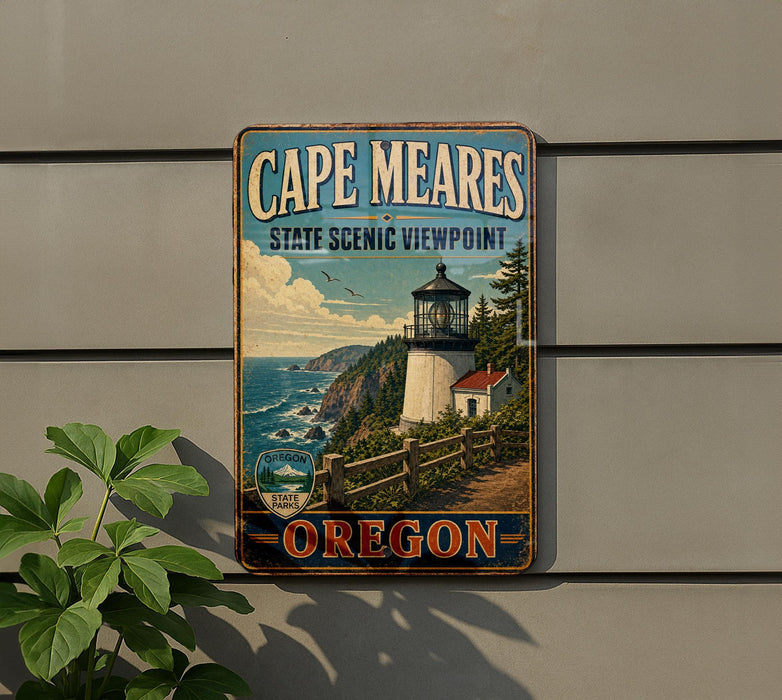 A vintage-style metal sign for Cape Meares State Scenic Viewpoint in Oregon, featuring a lighthouse and coastal landscape.