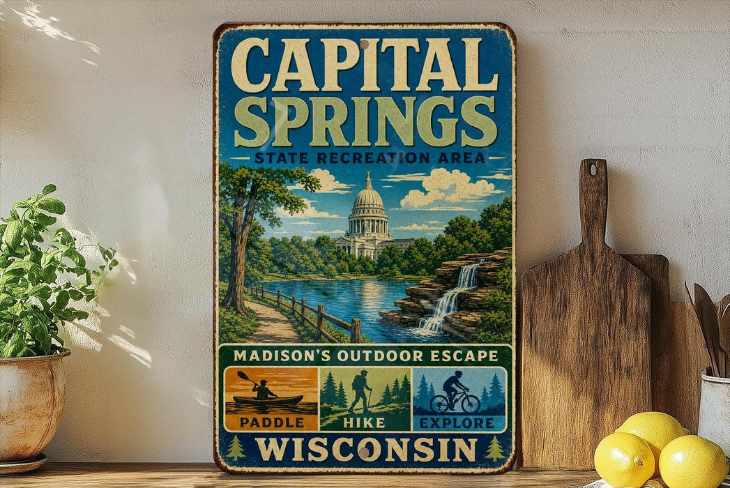 A vintage-style metal sign for the Capital Springs State Recreation Area in Wisconsin, featuring a scenic illustration of the state's natural beauty.