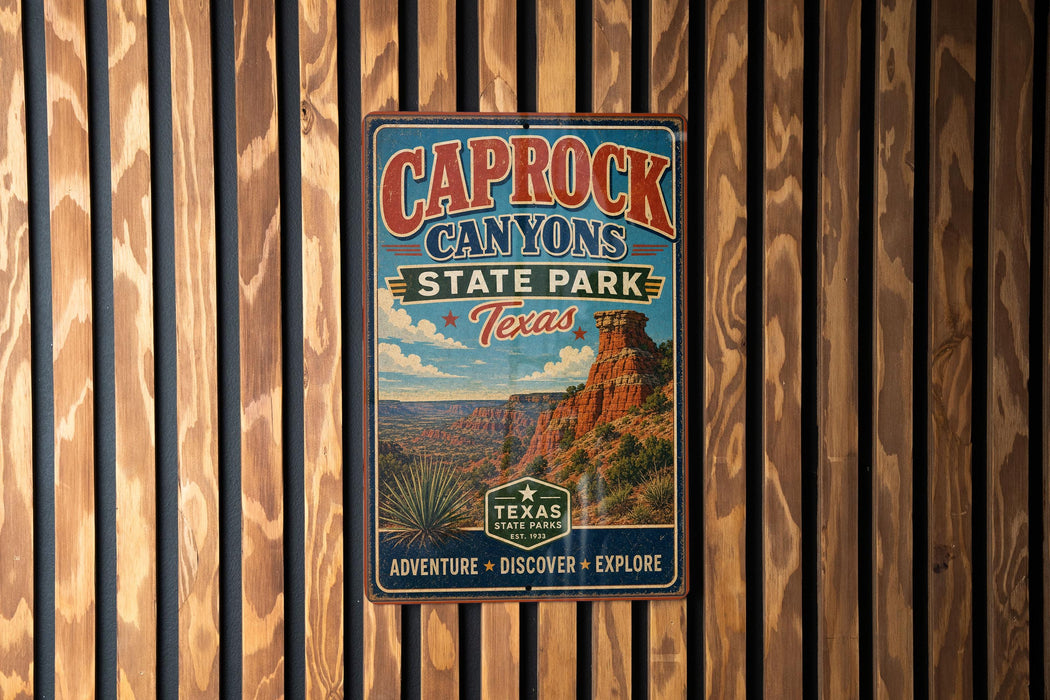 A vintage metal sign for Caprock Canyon State Park in Texas, featuring a scenic illustration of the canyon landscape.