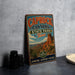 A vintage-style metal sign for Caprock Canyon State Park in Texas, featuring a desert landscape with a prominent rock formation.