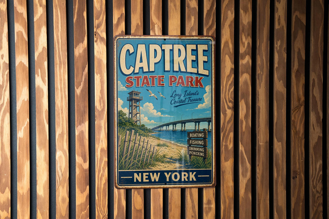 A vintage metal sign for Captree State Park in New York, featuring a scenic illustration of the park and its surroundings.