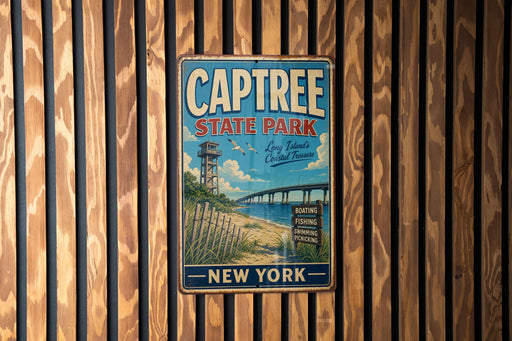 A vintage metal sign for Captree State Park in New York, featuring a scenic illustration of the park and its surroundings.