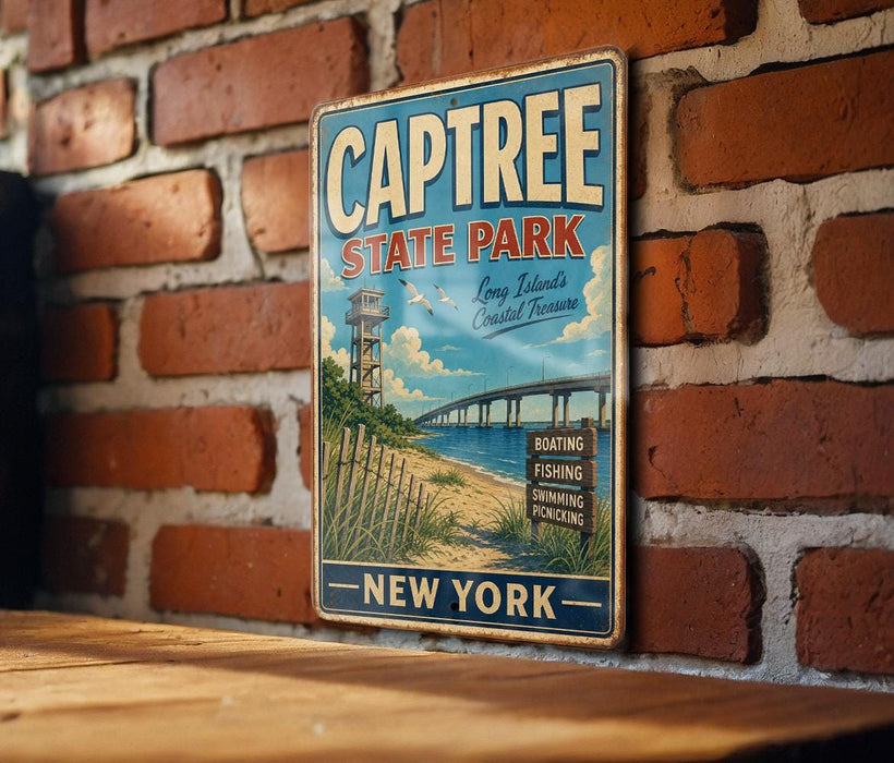 A vintage-style metal sign for Captree State Park in New York, featuring a beach scene with a bridge and a lighthouse.