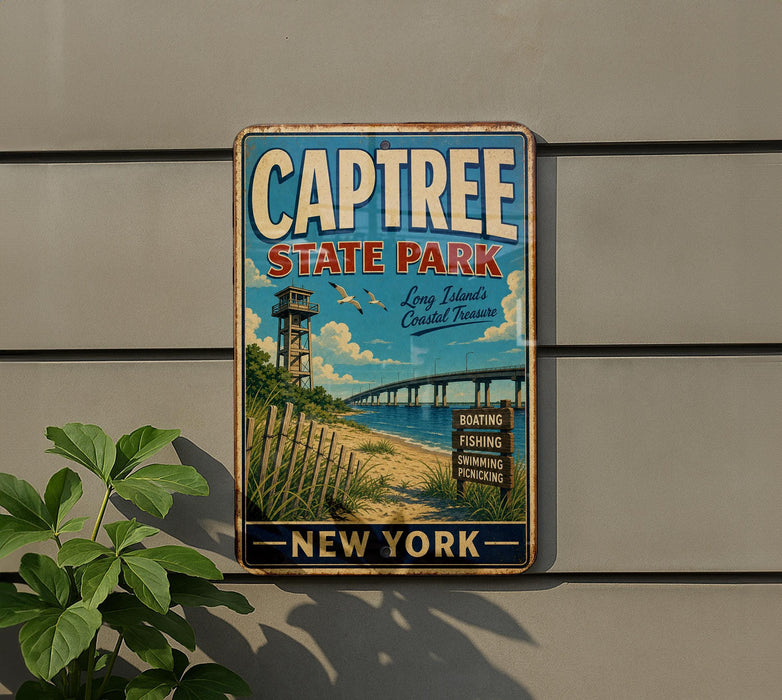 A vintage-style metal sign for Captree State Park in New York, featuring a scenic illustration of the park and a bridge.