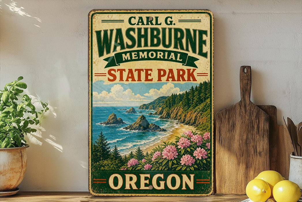 A vintage-style metal sign for Carl G. Washburne Memorial State Park in Oregon, featuring a scenic coastal landscape with rocky cliffs, a beach, and a body of water.