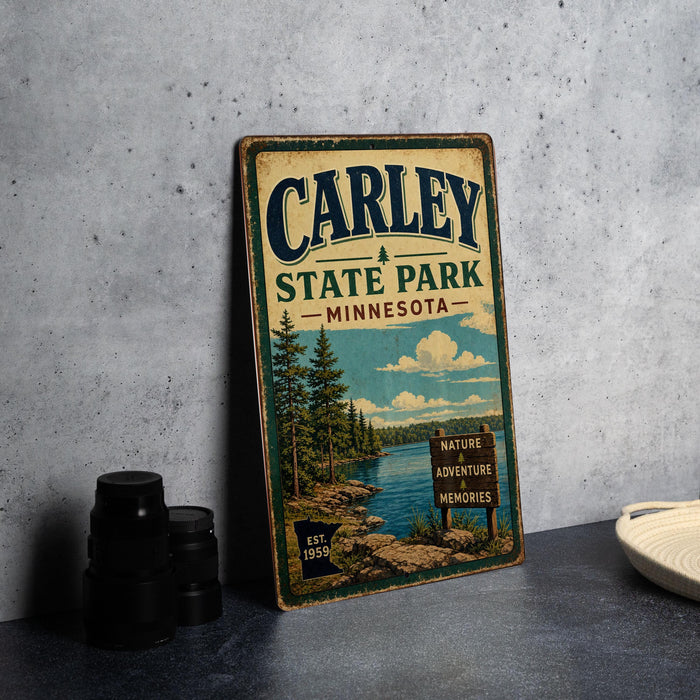 A vintage-style metal sign for Carley State Park in Minnesota, featuring a scenic landscape with pine trees, a lake, and a sign indicating the park's nature, adventure, and memories.
