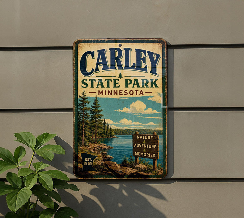 A vintage metal sign for Carley State Park in Minnesota, featuring a scenic landscape with pine trees, a lake, and mountains.