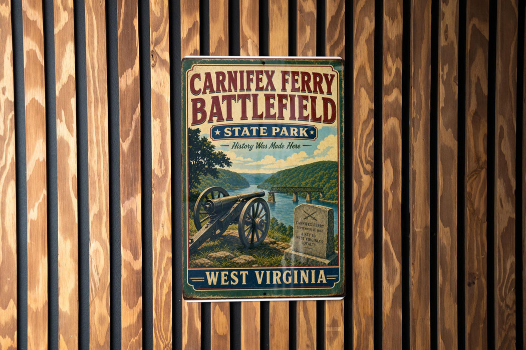 A vintage-style metal sign for Carniffex Ferry Battlefield State Park in West Virginia, featuring a cannon and a scenic landscape.